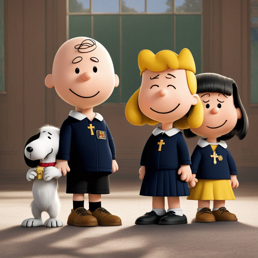 Peanuts gang dressed in Catholic school uniforms