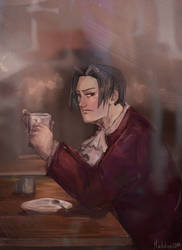 Edgeworth drinking coffee