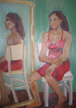 Lady in a red dress sitting next to a mirror