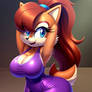 Sally Acorn wearing a two-piece purple gym-suit