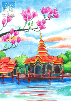 Mandalay Palace Myanmar Magnolia Flower Watercolor