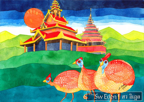 Mandalay Palace Myanmar Watercolor guineafowl