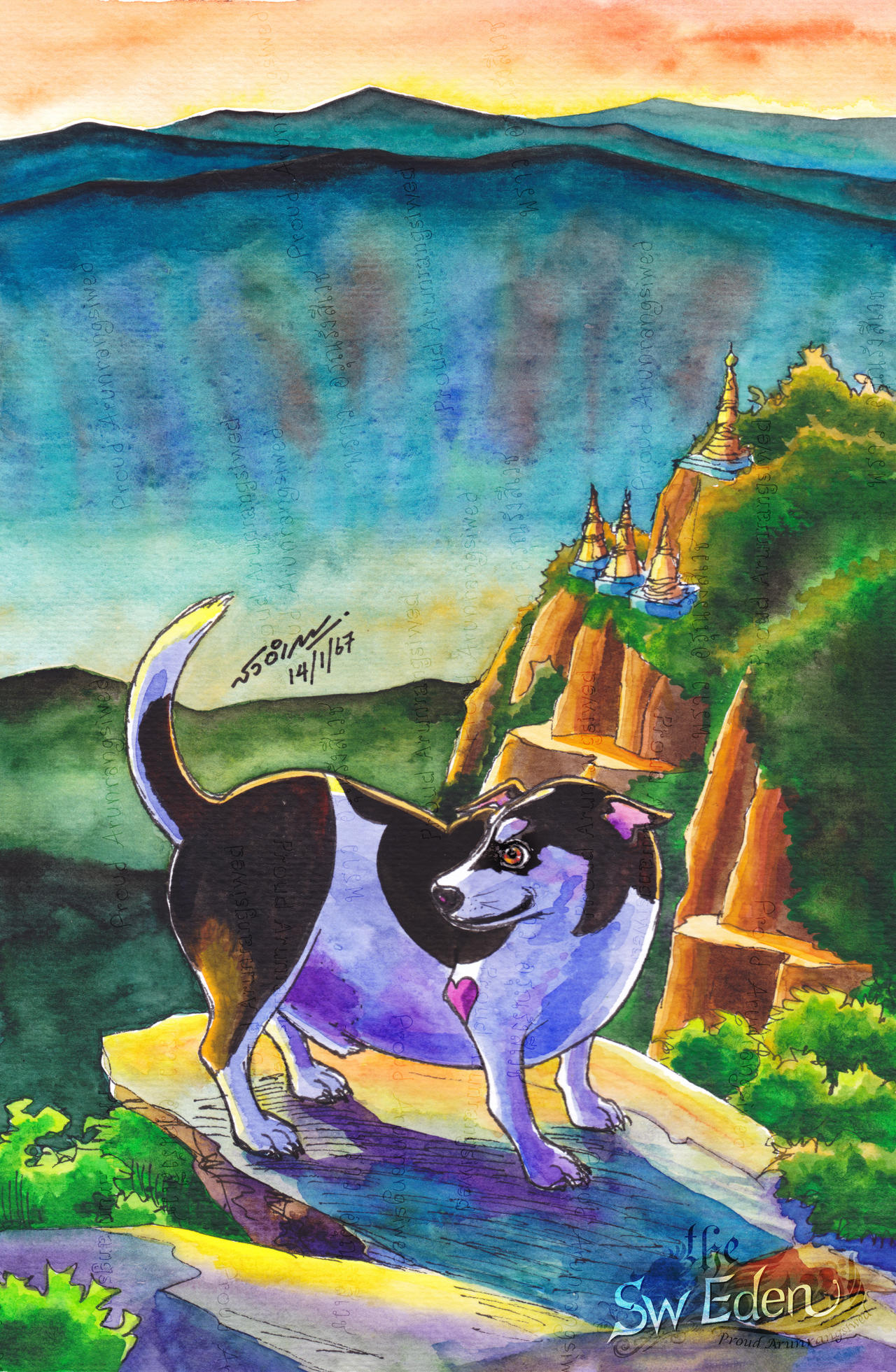 Thuu the Dog on Myanmar Cliff Watercolor Painting