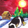 Thuu the Dog Snow Hill Watercolor Painting