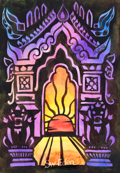 Burmese Art Gate with Sunset