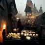 selling skulls on a market
