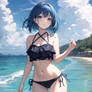 Cute anime blue hair girl at the beach