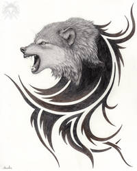 Metalpoint Drawing: Snarling Wolf Tribal
