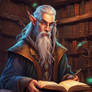 Portrait of male elven sage in personal library 