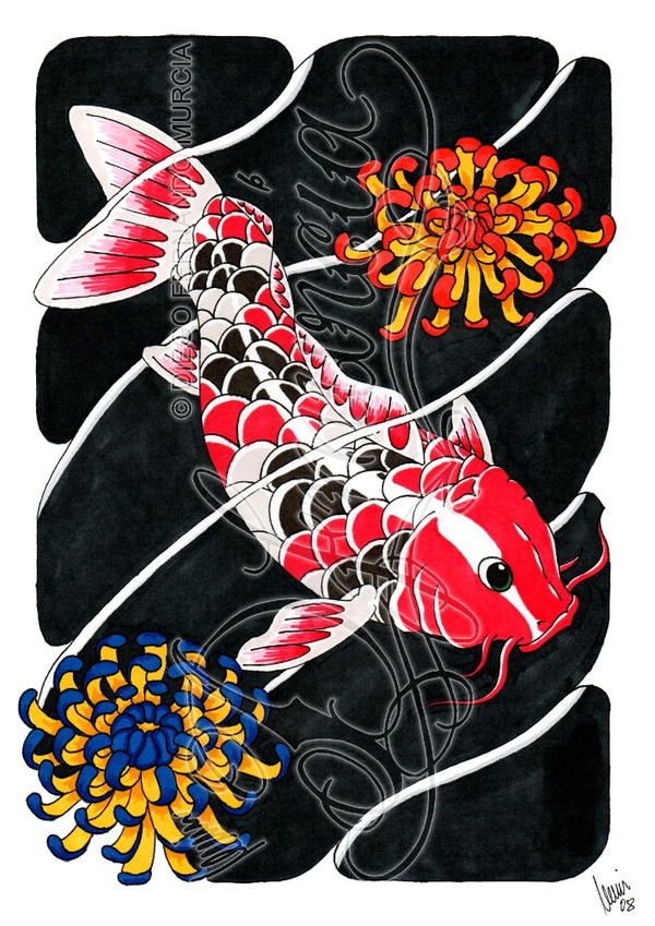 Koi and flowers 02 -coloured-