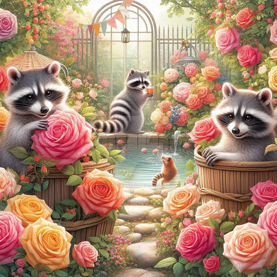 Raccoons in rose garden cute animals (18) by SaintGrandma on DeviantArt