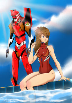 eva unit-02 with asuka in pool