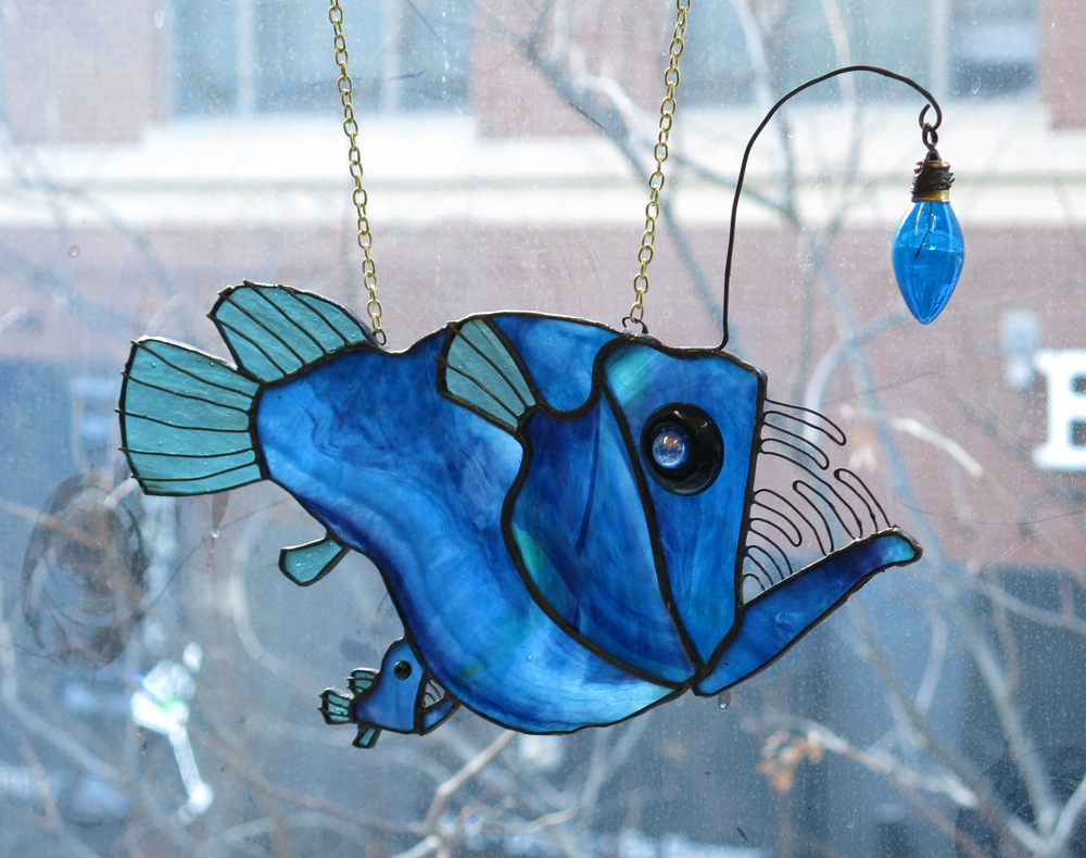 Stained Glass Female Anglerfish with parasitic Mal