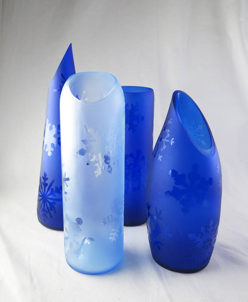 Snowflake Wine Bottle Vases by trilobiteglassworks Snowflake Wine Bottle Vases by trilobiteglassworks