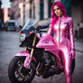 Latex Pink Bike Girl Rubber Catsuit Akira Style