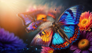 Colorful Butterfly over Blooming Flowers