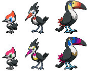 Pikipek, Trumbeak and Toucannon Sprites by KingOfThe-X-Roads