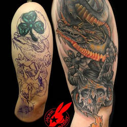 Dragon and Skull Cover-Up Tattoo by Jackie Rabbit