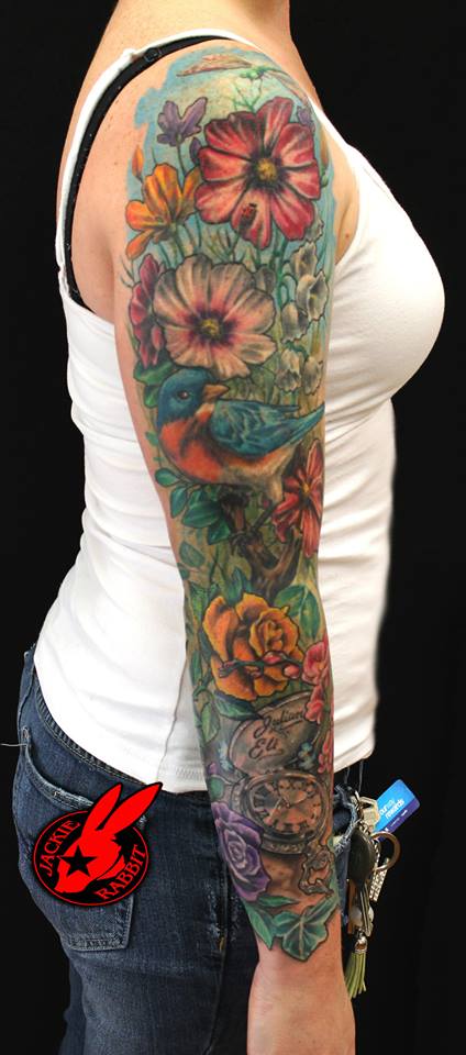 Flower Garden Sleeve Tattoo by Jackie Rabbit