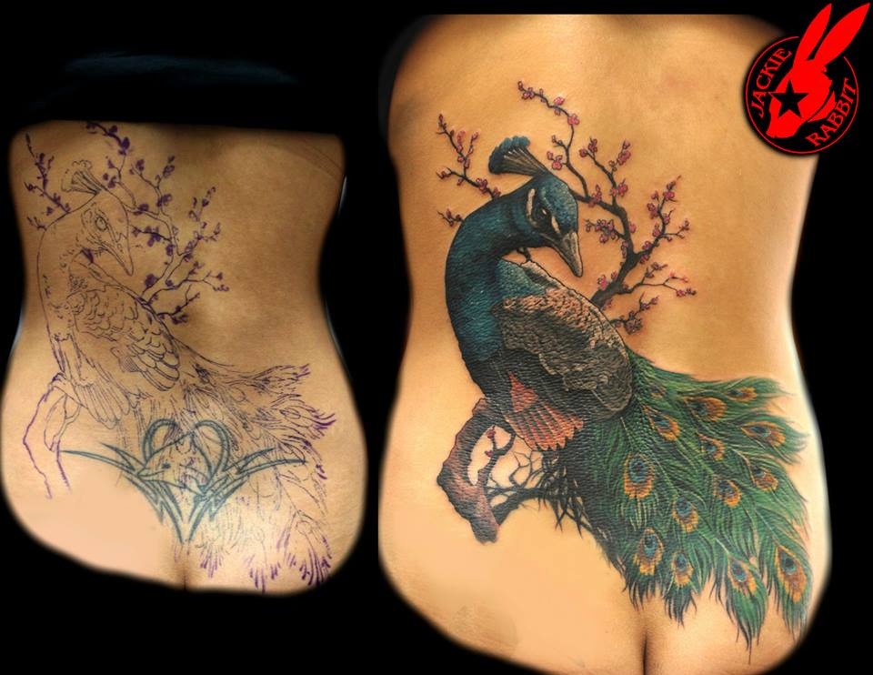 Peacock Cover Up tattoo by Jackie Rabbit