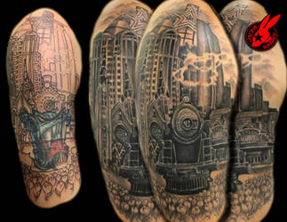 Train cover up Tattoo by Jackie Rabbit