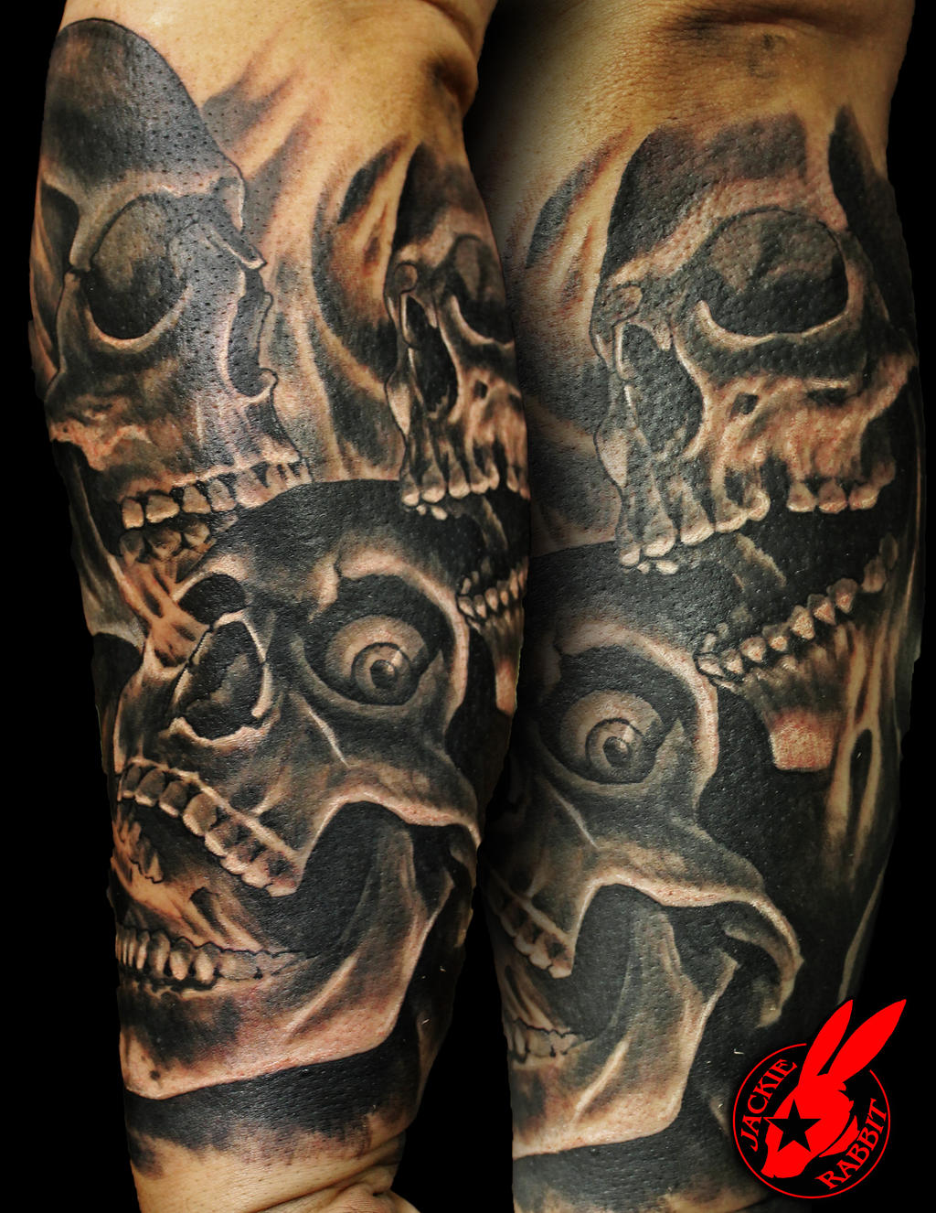 Skulls with Smoke Sleeve Tattoo by Jackie Rabbit