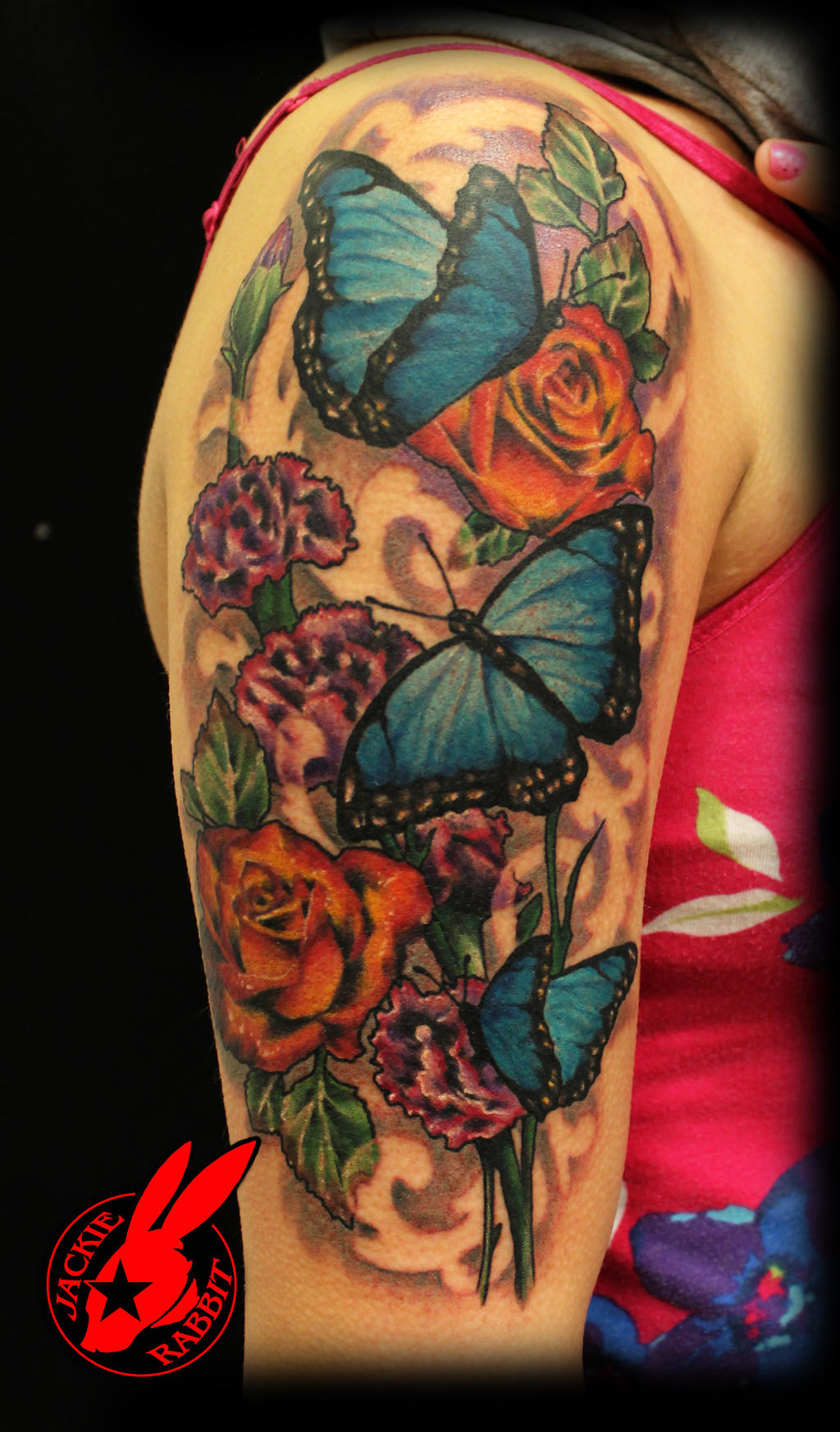 Blue Butterfly Flower  tattoo by Jackie Rabbit