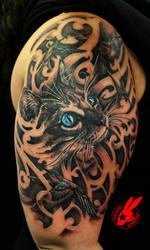 Blue Eye Cat and Bird Tattoo by Jackie Rabbit