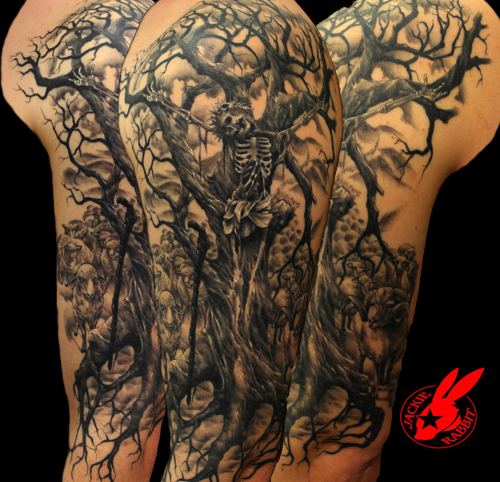 Jesus Tree Sleeve Tattoo by Jackie Rabbit