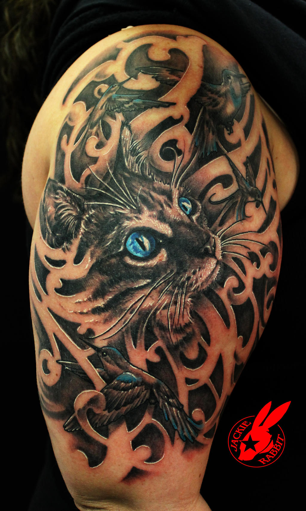 Blue Eye Cat and Bird Tattoo by Jackie Rabbit