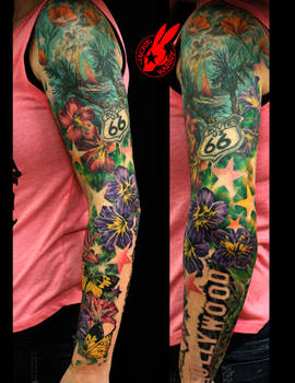 California Beach Flower Sleeve Tattoo by Jacki