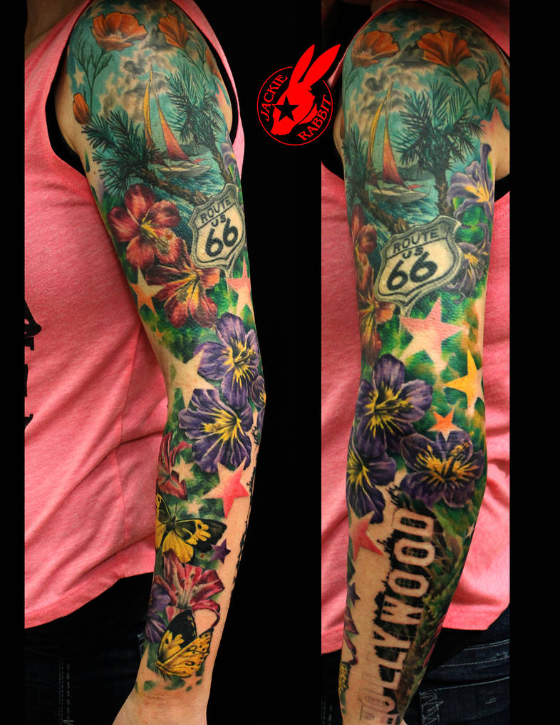 Beach Sleeve Tattoos 1017x786 California Beach Flower Sleeve Tattoo by Jacki by jackierabbit12 on DeviantArt