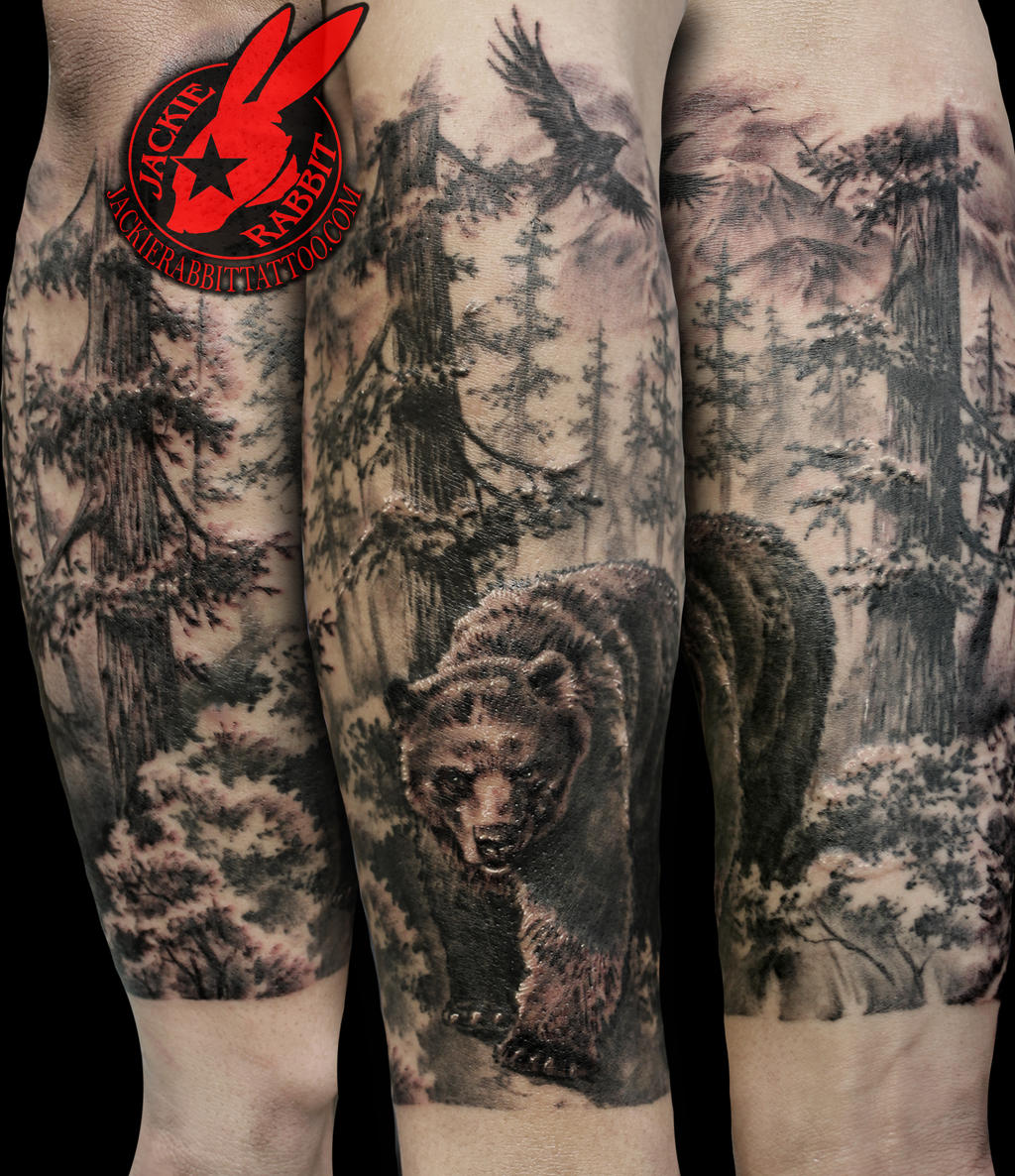 Bear Forest Trees Scene Tattoo by Jackie Rabbit by jackierabbit12 on