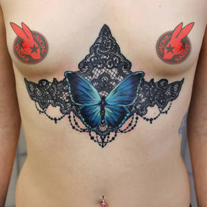 Lace Underboob Butterfly Tattoo by Jackie Rabbit