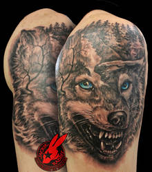 Snarling wolf Forest Trees Tattoo Jackie Rabbit