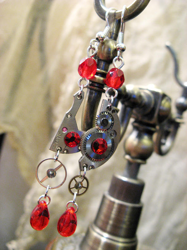 Steampunk Red Earrings