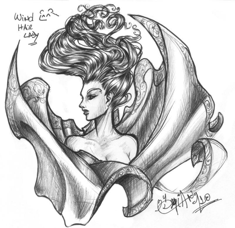 Wind hair lady lineart