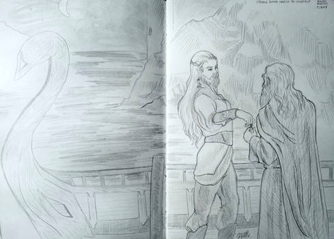 Cirdan the Shipwright giving Narya to Gandalf