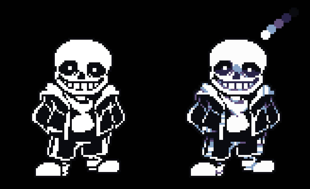 The first battle between Sans and Karsu, now illustrated in pixel