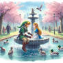 Link and Zelda Playing In A Fountain