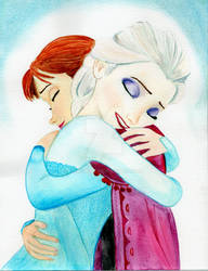 Elsa and Anna hug- Watercolor