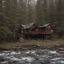 A Hut in the woods next to a river