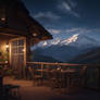 a balcony with table, chairs with a view of mount