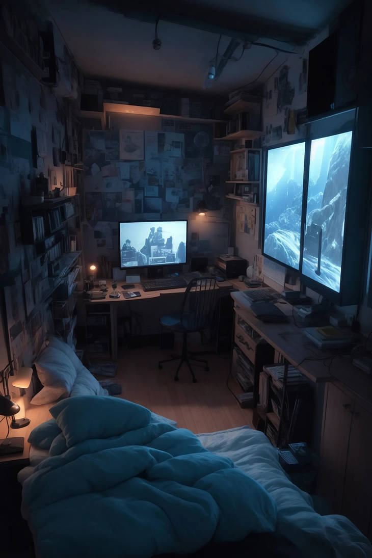 A bedroom with a bed desk and computer by Jafor-Ahmad on DeviantArt