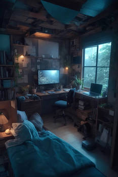 A bedroom with a desk chair and computer