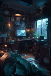 A desk with a computer and plants