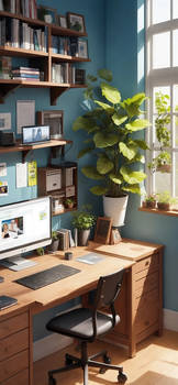 A desk with a computer with a plant