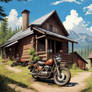 A motorcycle parked in front of a house