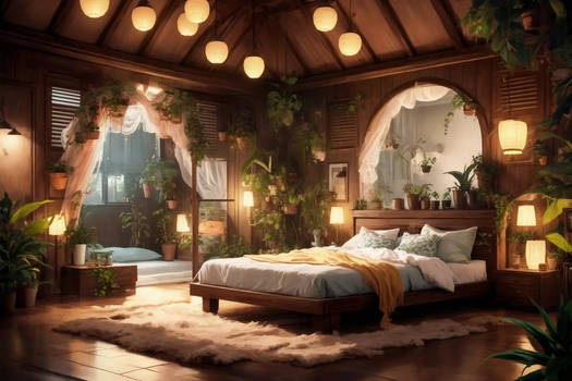 A bedroom with a large bed and lots of plants