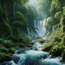 A waterfall in the middle of a lush green forest
